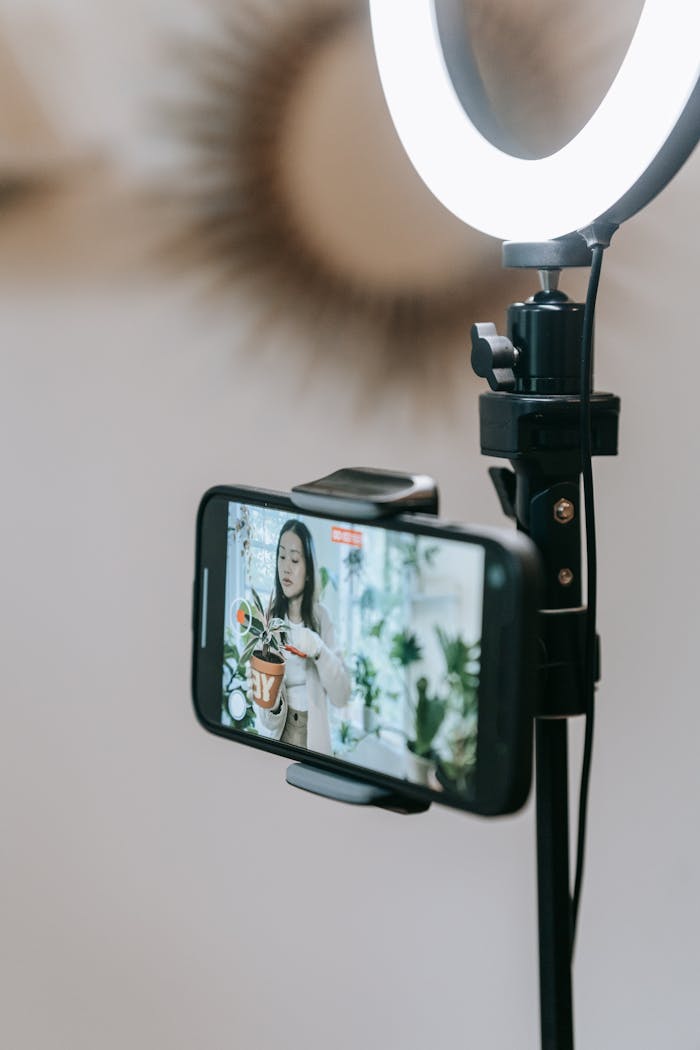 Smartphone using ring light for live video broadcast indoors, showcasing a woman demonstrating potted plant care.